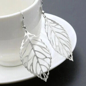 Silver Filigree Open Leaf Dangle Earrings